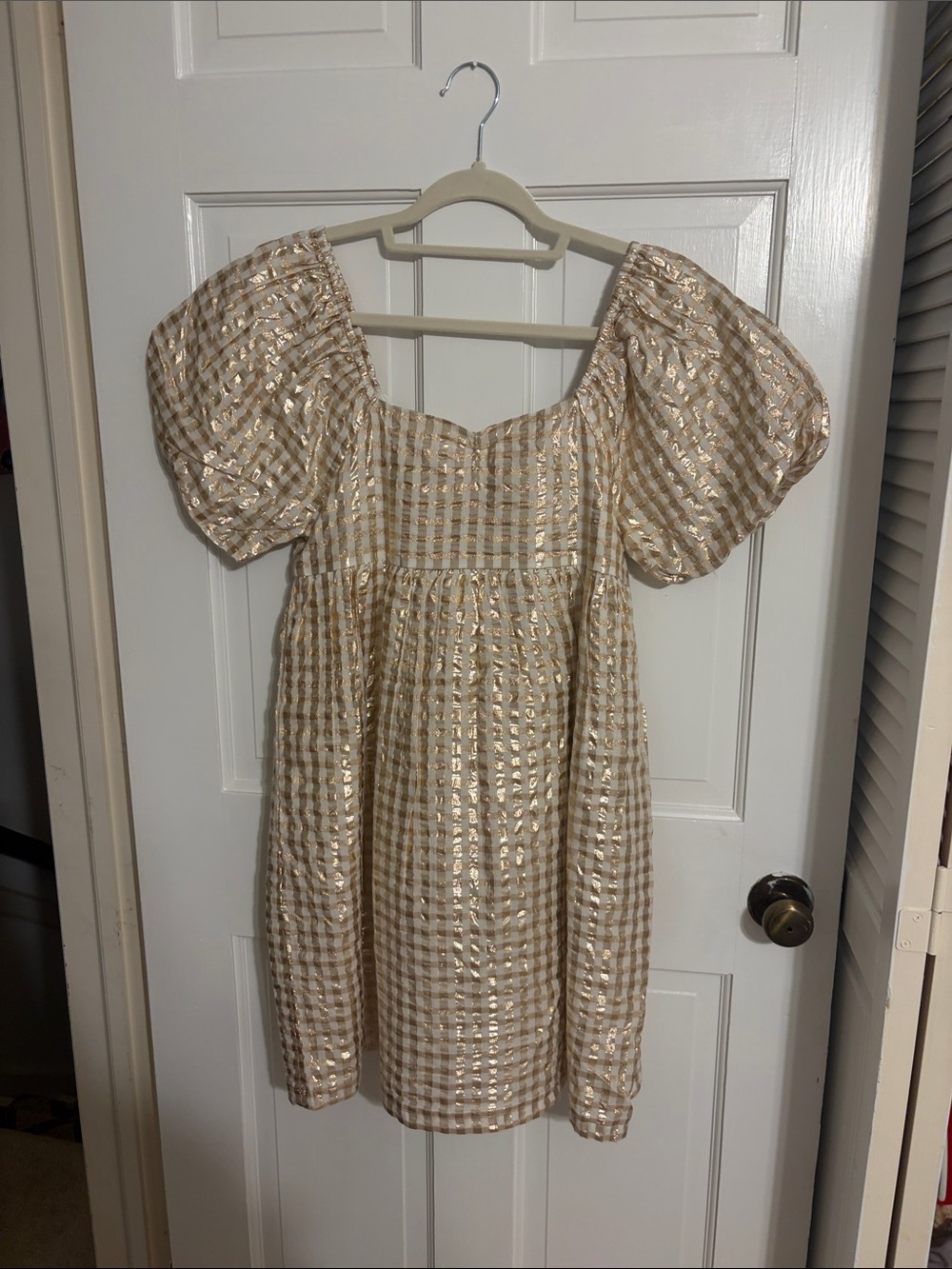 Gold Metallic Check Puff Sleeve Mini Dress